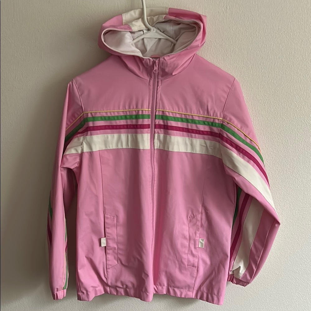Pink/White/Green White Stripe Hooded Medium Weight Zipper Pockets Rain Jacket